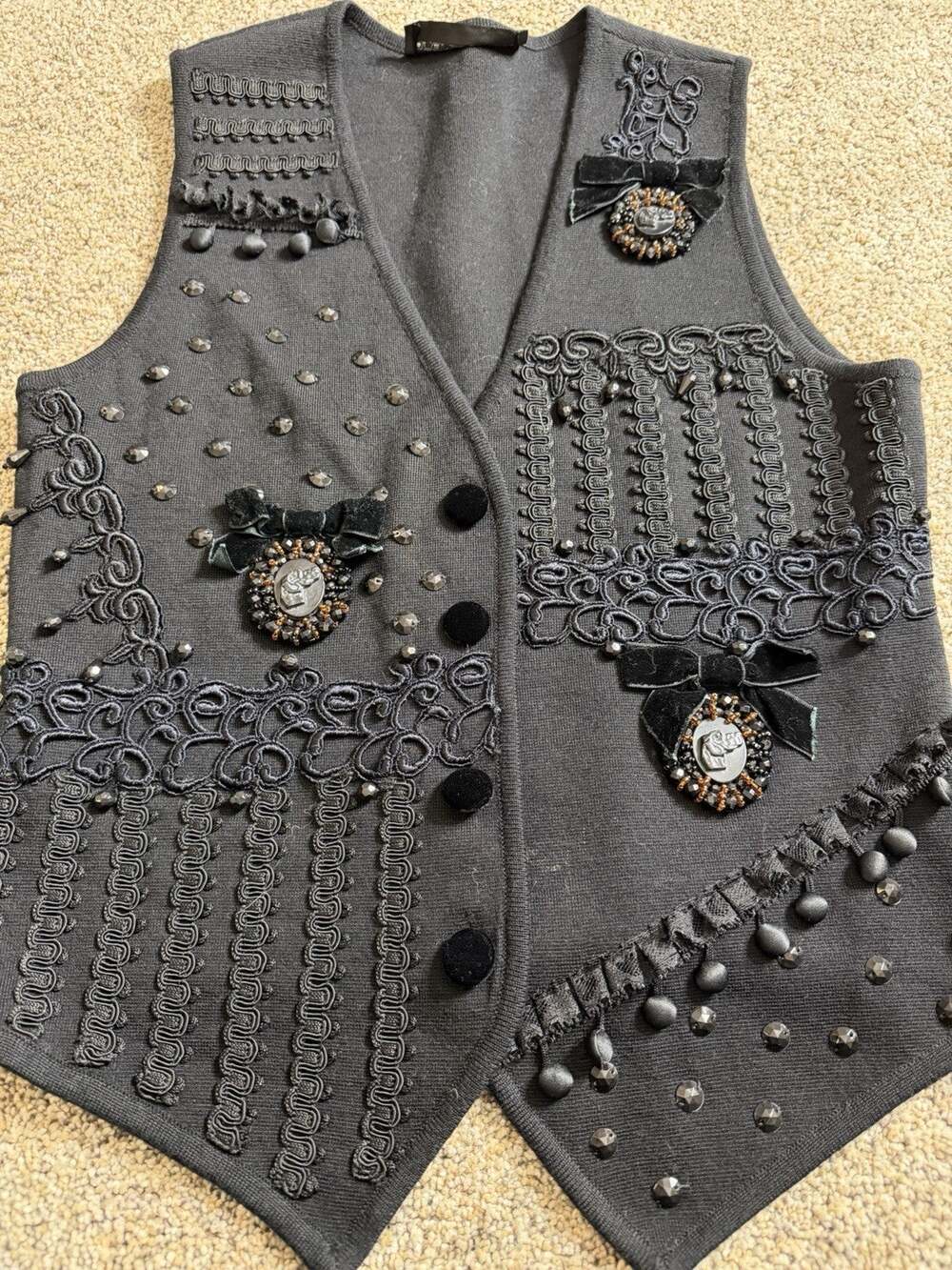 Adrian Jovine Vest Cardigan Dog Cameo Black Fringe Bows Rhinestone Cotton Small